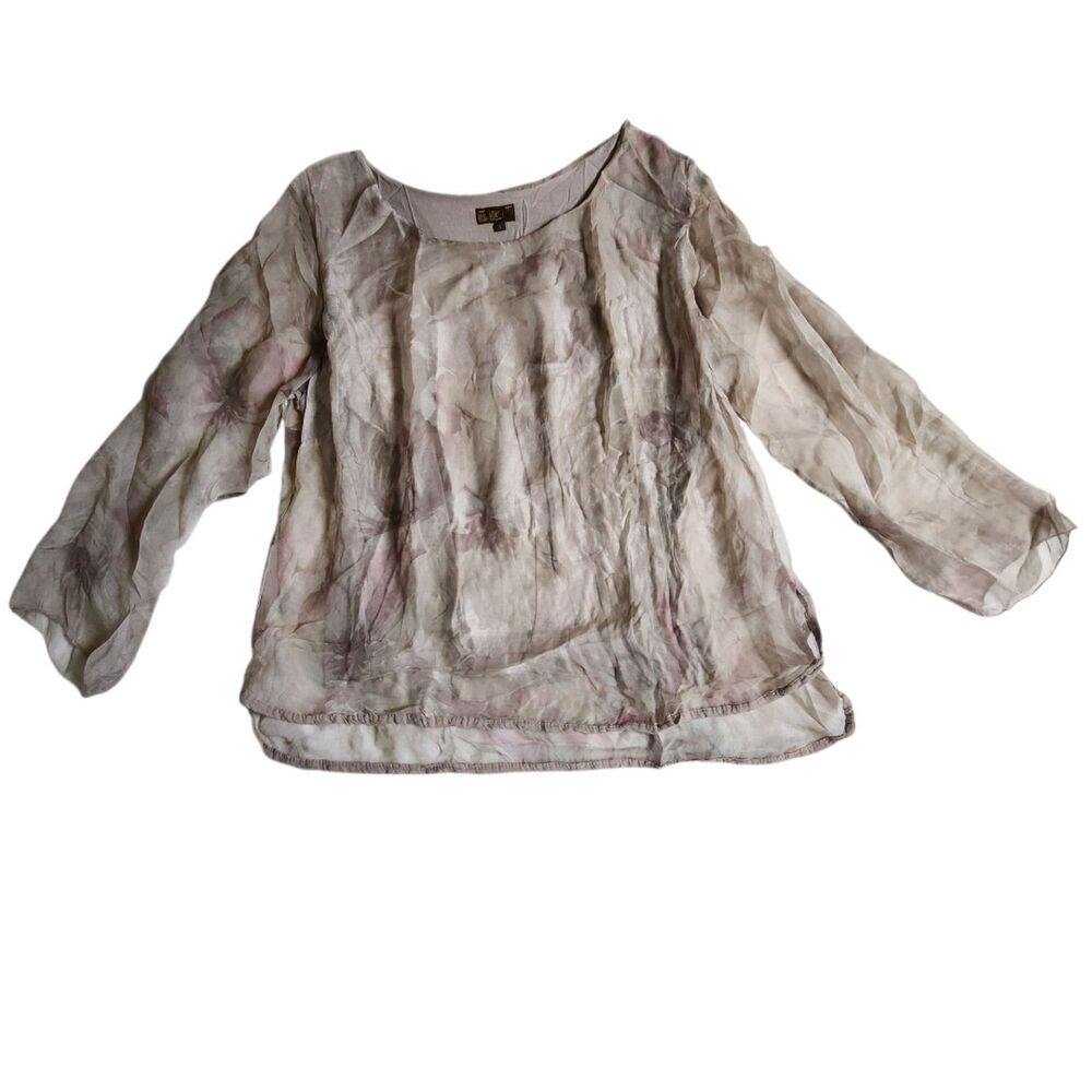 Amanti Beige Tan Sheer Floral Long Sleeve Tunic Blouse Sz L